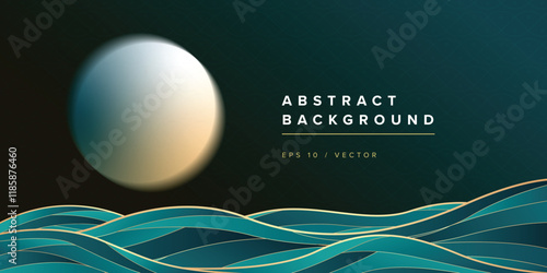 Modern Abstract Background with Metallic Sphere and Wave Pattern in Teal and Gold