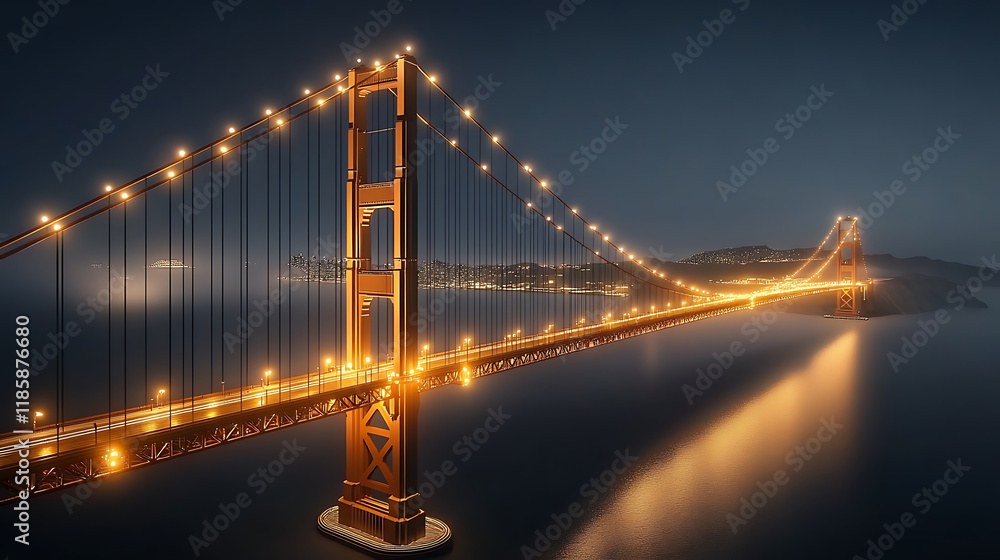 Naklejka premium stunning view of bridge illuminated at night, reflecting on water