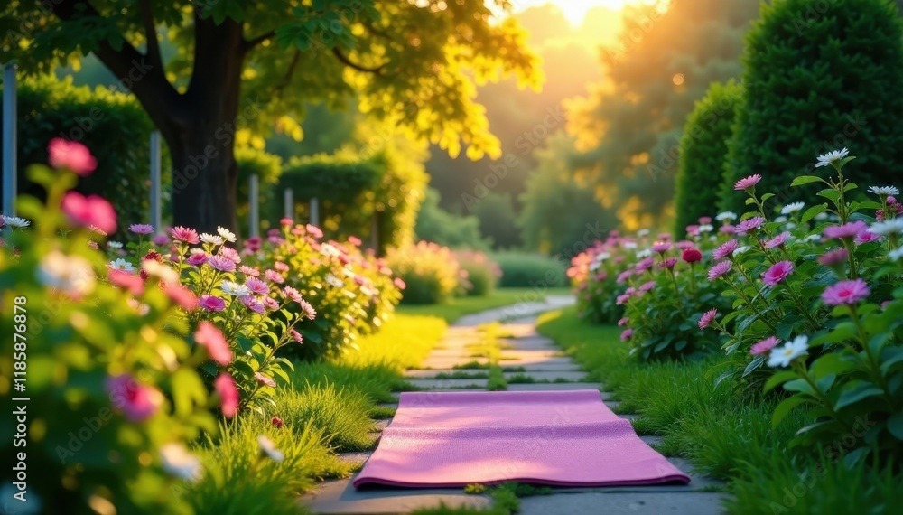Serene garden path with yoga mat and peaceful evening light, peaceful, garden Serene garden path with yoga mat and peaceful evening light, peaceful, garden