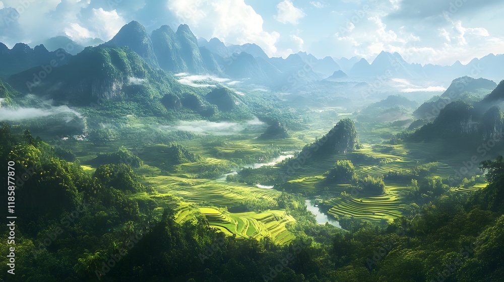 Obraz premium Majestic Mountain Valley Rice Terraces Lush Green Landscape