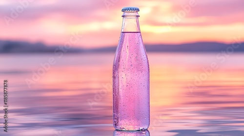 A refreshing soda bottle mockup glimmers in soft pastel hues, evoking a serene and joyful summer vibe by the water.