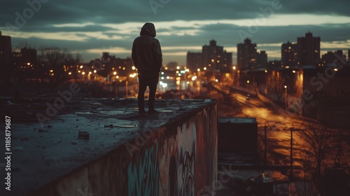 A Person Standing on the Edge of a Roof at Night - Generative AI