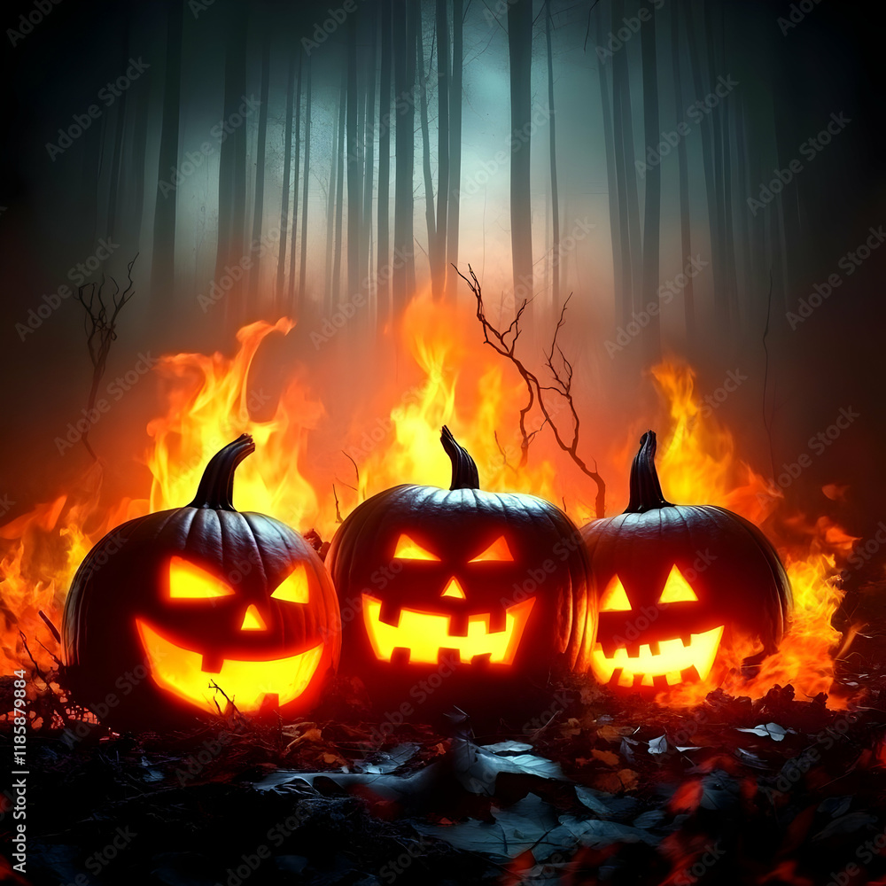 Fototapeta premium Spooky Pumpkins Glow in Haunted Forest