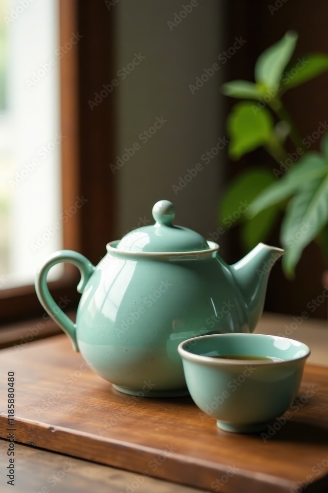 Teapot kettle ceramic sits on wooden table with matching cup nearby, ceramic teapot, kettle Teapot kettle ceramic sits on wooden table with matching cup nearby, ceramic teapot, kettle