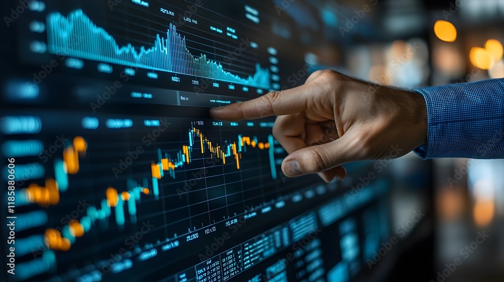 Business professional presenting operational benchmarks with a blurred stock chart behind Business professional presenting operational benchmarks with a blurred stock chart behind