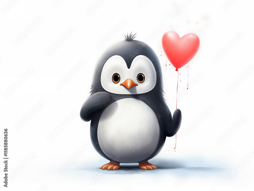 Obraz premium Cartoon Penguin with Heart Balloon: Whimsical Design for Love and Affection