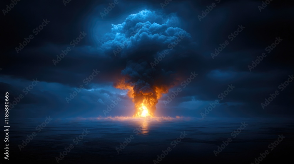 Fototapeta premium Dramatic explosion illuminating dark stormy skies over ocean