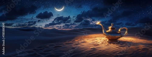 Aladdin's lamp in the desert against the background of the new moon. Selective focus