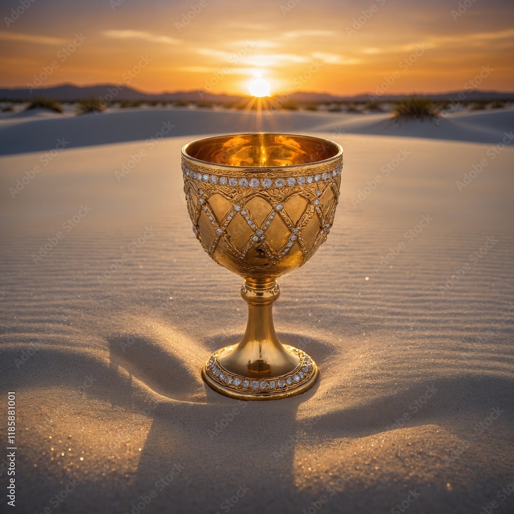 Naklejka premium A golden goblet with diamond accents reflecting a fiery sunset over white sands.