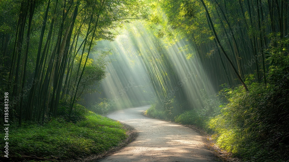 Fototapeta premium Sunbeams illuminate a winding road through a lush bamboo forest.