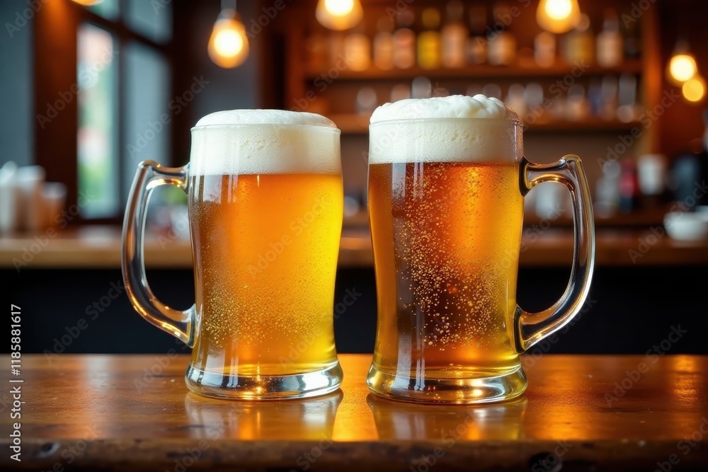 Two beer mugs clinking together on a wooden table in a pub setting, cheers clipart, Two beer mugs clinking together on a wooden table in a pub setting, cheers clipart,