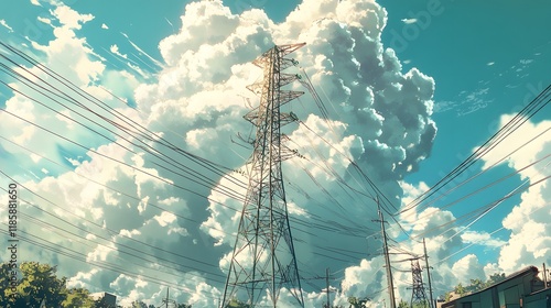 Power lines and fluffy clouds fill a summer sky