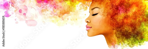 Watercolor portrait of a serene Black woman with vibrant, colorful afro hair.