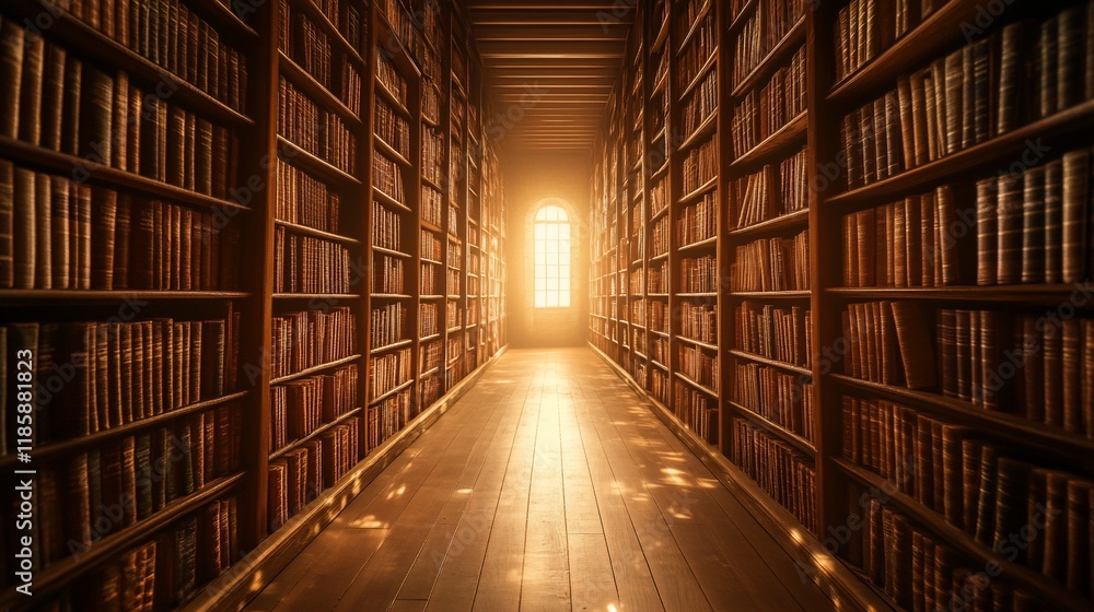Fototapeta premium A Sunlit Path Through Literary History: An Enchanting View of an Ancient Library