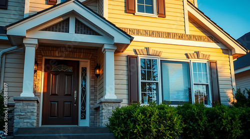 Fototapeta Naklejka Na Ścianę i Meble -  Exterior View of Two-Story House with Porch and Landscaping