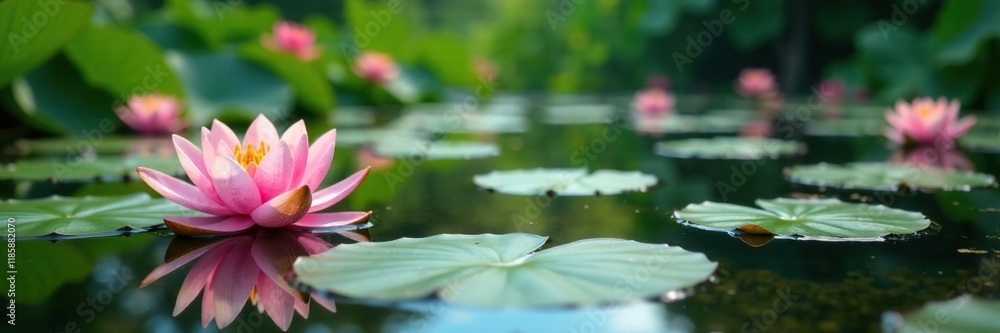 A tranquil pond with lily pads and water lilies in the background, aquatic plants, A tranquil pond with lily pads and water lilies in the background, aquatic plants,