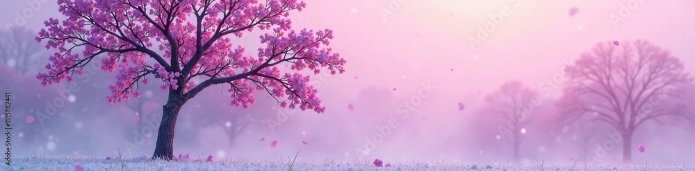 Fototapeta premium Bare lilac tree against a backdrop of soft pink and purple hues of winter, misty, winter colors