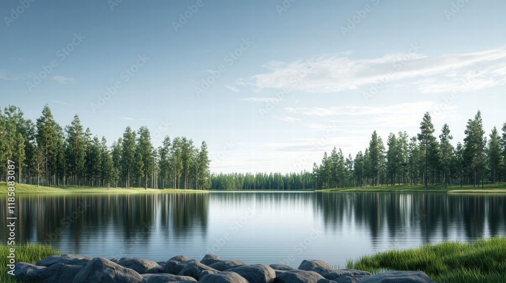 Fototapeta premium Serene Summer Landscape with Clear Reflections in a Pristine Lake and Lush Trees