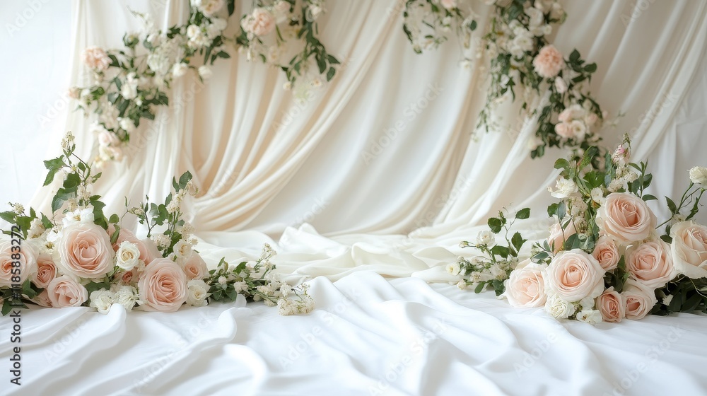 Elegant Peach Roses and White Fabric Drape Background Elegant Peach Roses and White Fabric Drape Background