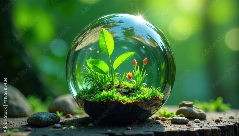 Water droplet globe with aquatic plants floating inside, globe, nature Water droplet globe with aquatic plants floating inside, globe, nature