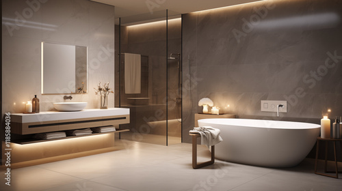 Wallpaper Mural Modern minimalist bathroom featuring an elegant bathtub, sleek sink, and wall shelves, illuminated by soft lighting in neutral tones of grey and beige. Torontodigital.ca