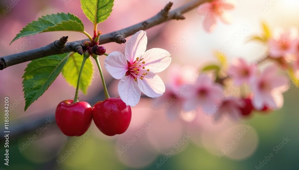 Obraz premium Cherry blossoms and ripe cherries hang from a tree, spring, garden, light