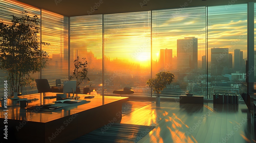 Fototapeta premium 3D-rendered workspace with large windows and sunlight streaming through blinds
