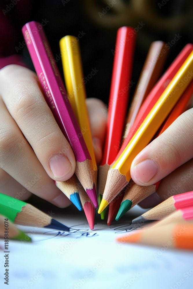 Naklejka premium Close-up of a child drawing with pencils. Selective focus