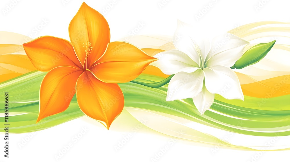Fototapeta premium Orange and White Flowers on Green and Yellow Waves