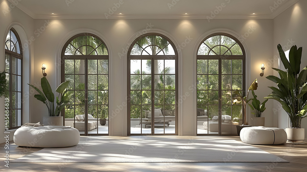Elegant Interior Design Showcases Arched Windows with Tropical Garden Views Elegant Interior Design Showcases Arched Windows with Tropical Garden Views