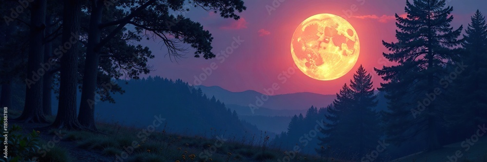 Full moon illuminating a tranquil forest landscape at dusk, evening, forest, natural Full moon illuminating a tranquil forest landscape at dusk, evening, forest, natural