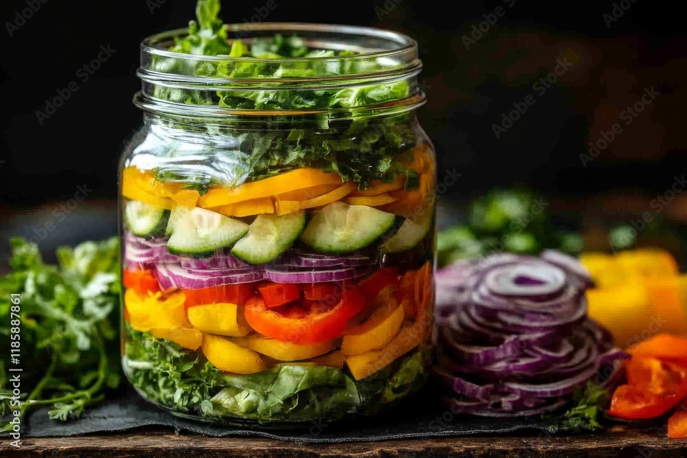 Jar of vibrant pickled vegetables placed on a rustic wooden table Jar of vibrant pickled vegetables placed on a rustic wooden table