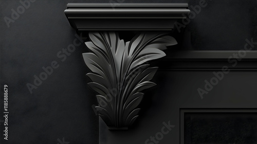 Black ornate architectural console bracket on dark wall, interior design element photo