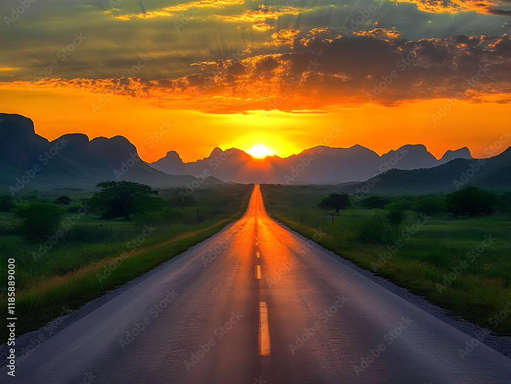 Fototapeta premium Road Leads to Majestic Sunset over Distant Hills at Dawn