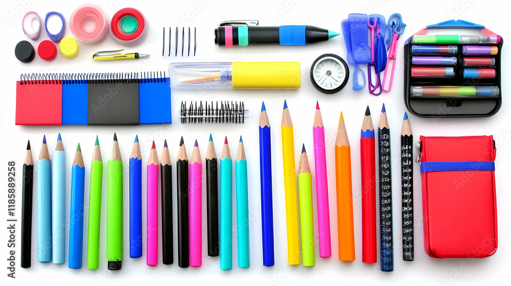Obraz premium Colorful Pencils, Markers, and Stationery Supplies Arranged Neatly on White Background