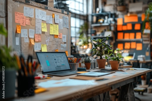 Wallpaper Mural Modern office workspace with a computer and sticky notes Torontodigital.ca