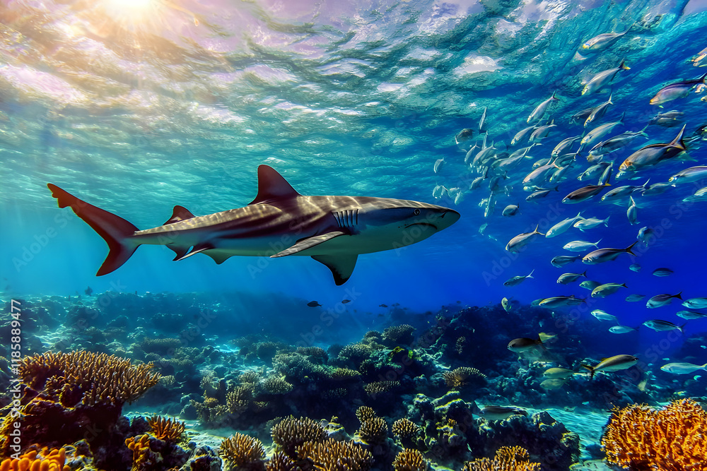 Fototapeta premium Shark Swims Through Coral Reef with Fish Abundantly