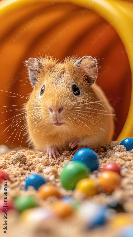 A cute hamster surrounded by colorful marbles on a sandy surface. A cute hamster surrounded by colorful marbles on a sandy surface.