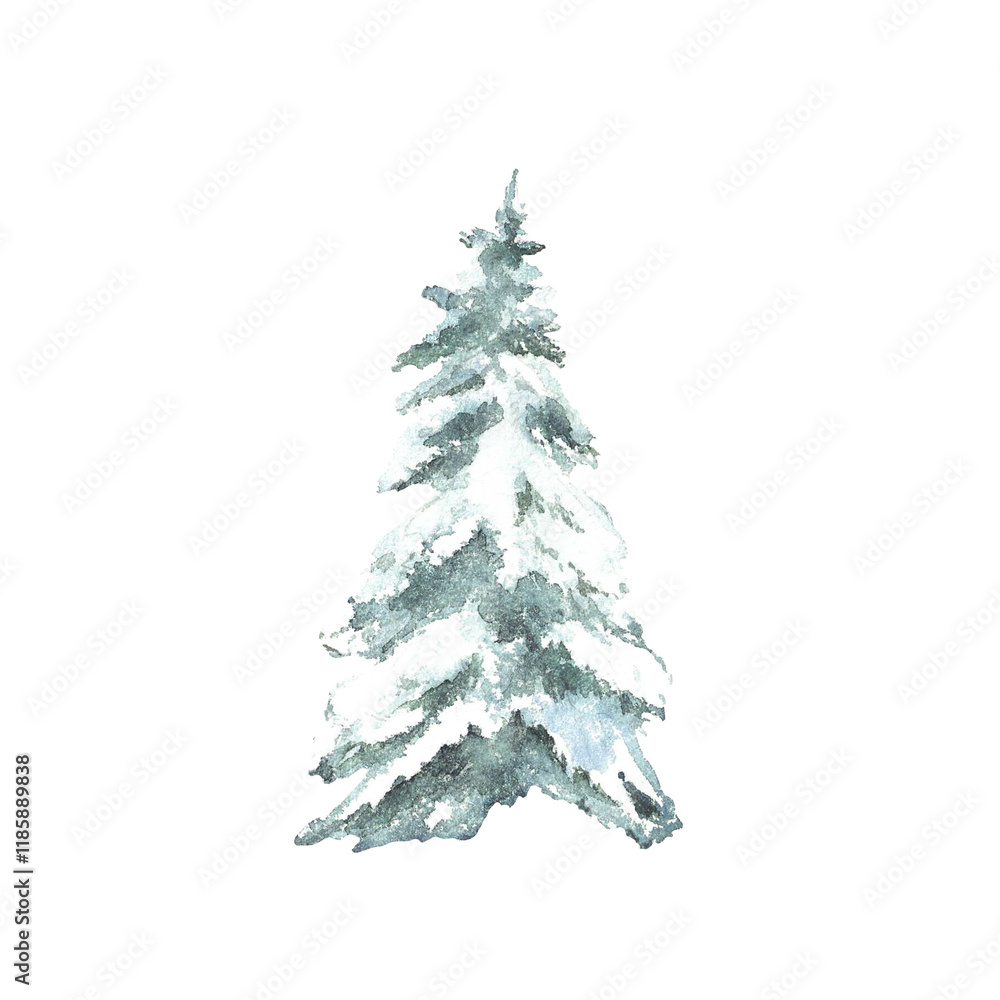 Snowy winter Christmas fir. Spruce tree snow covered. Hand painted watercolor illustration isolated element from background. Clipart for seasonal holiday design of Xmas card, poster, label, pattern. Snowy winter Christmas fir. Spruce tree snow covered. Hand painted watercolor illustration isolated element from background. Clipart for seasonal holiday design of Xmas card, poster, label, pattern.