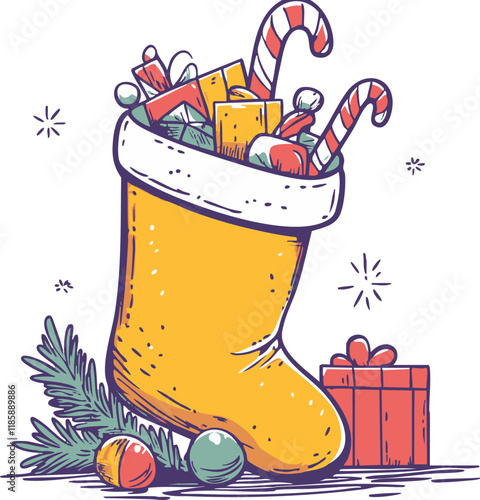 Illustration of a Christmas stocking filled with gifts and candy canes.