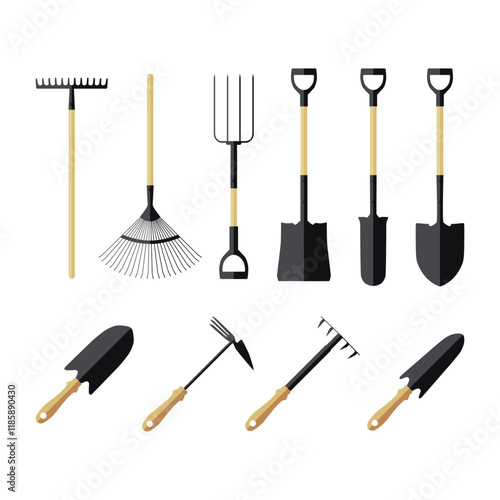 A set of colored garden equipment icons. Shovels, rakes, pitchforks, fan rakes, hoe. Vector illustration for design and web.