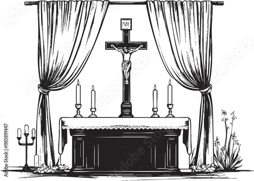 Black and white illustration of a church altar with crucifix and candles.