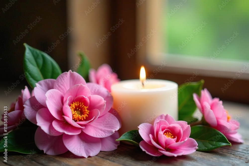Pink Camellia flowers surround a small white candle on a wooden table, peaceful, ambiance, camellia