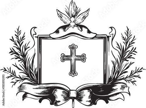 Ornate religious frame illustration with dove, cross, and decorative elements.