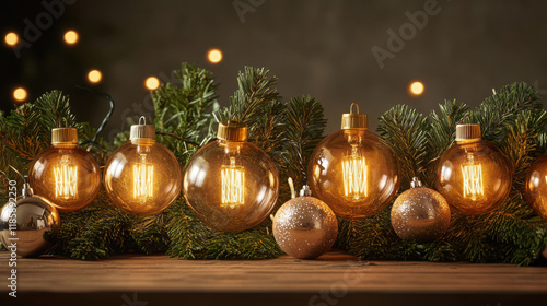 Retro style garland lights with large filament bulbs on festive greenery
