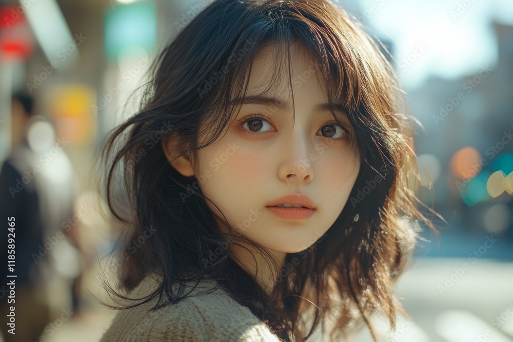 Obraz premium Young woman with windblown hair in urban city evening
