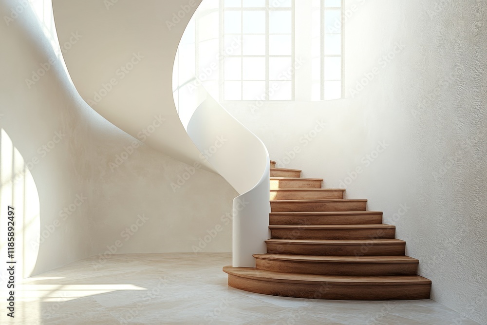 Naklejka premium Modern staircase with sunlight and minimalist white walls