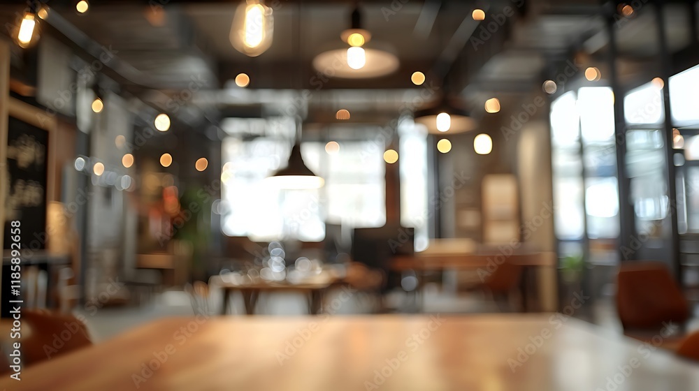 Fototapeta premium Blurred modern office interior with panoramic windows and lighting