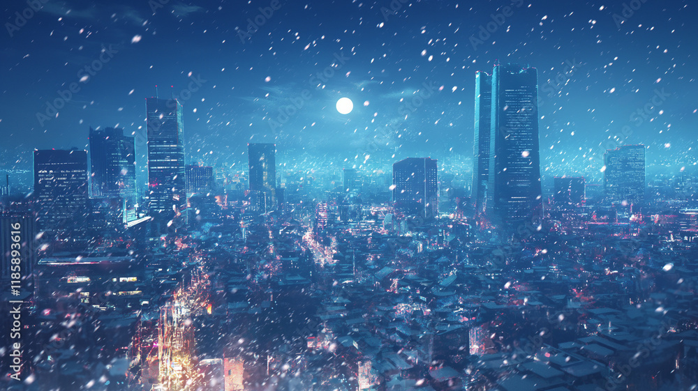 Obraz premium 雪降る冬の美しい都会の夜景、都市の煌めきが美しいイラスト。満天の星空と月。背景,アニメ,アジア,幻想的