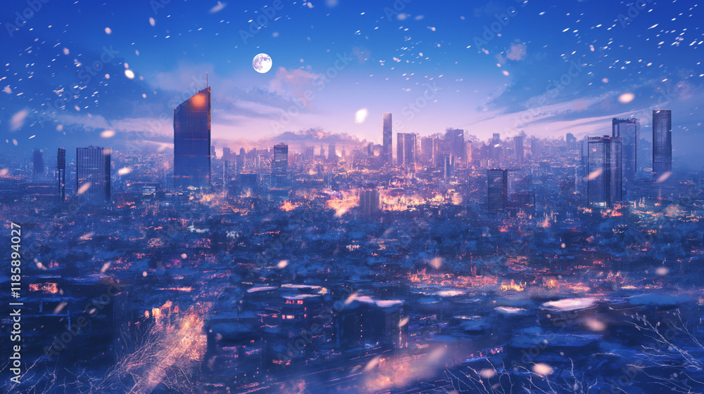 Obraz premium 雪降る冬の美しい都会の夜景、都市の煌めきが美しいイラスト。満天の星空と月。背景,アニメ,アジア,幻想的
